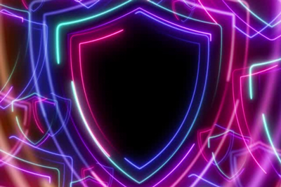 Neon pink, purple, and blue outlines of shields nestle inside each other on a black background.
