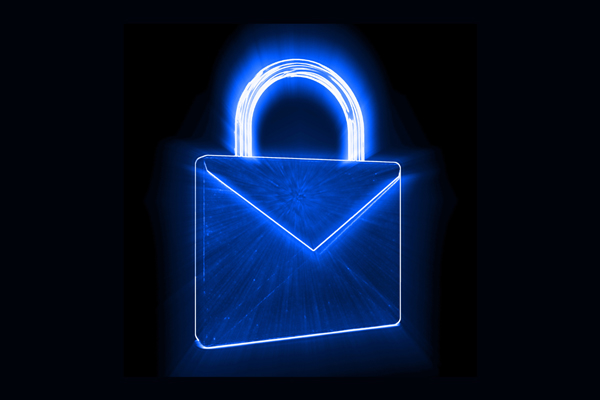 A glowing blue lock with an email icon as the square part, on a black background.
