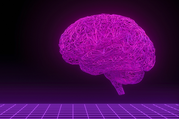 A magenta brain formed by a close-knit network of overlapping and intersecting lines on a black background and above a grid of magenta lines.