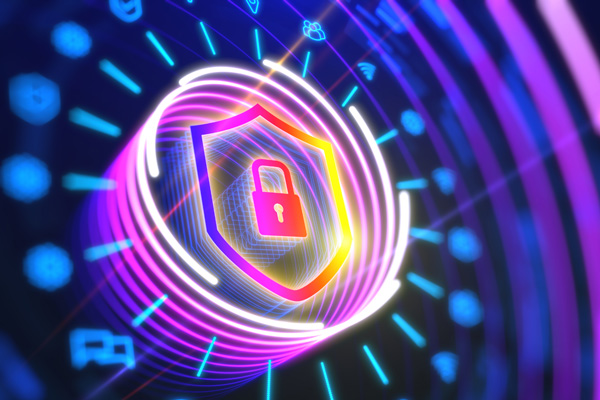 Neon pink, purple, yellow, and orange outline of a shield containing a pink and orange gradient padlock. Neon white, pink, and purple circles spiral around the shield. Neon blue lines radiate out from the circles. At the end of each line is an icon, such as a Wi-Fi signal, three users, waypoint; some are more in focus than others.