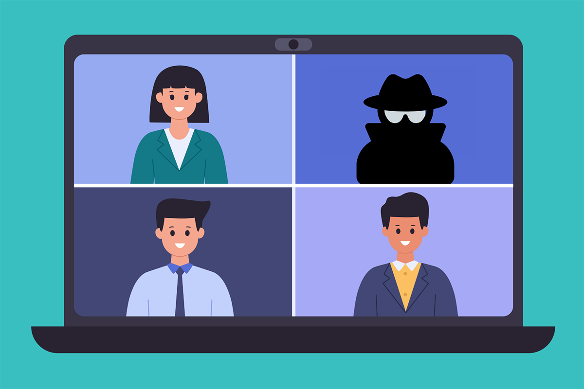 Illustration of a laptop computer with four figures on screen, depicting an online meeting, on a teal background. The shadowy figure in the upper right corner is wearing a hat, sunglasses, and trench coat, and is meant to represent an uninvited guest.