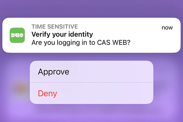 A Duo push notification asks the user to verify whether they are trying to log in to CAS WEB.