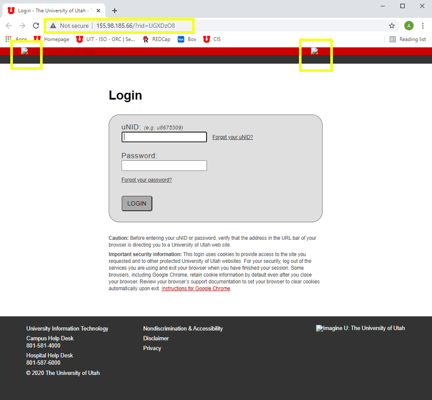 A spoof or impersonation of a University of Utah login page. Criminals use pages like this to trick you into entering your credentials. If you look closer, though, you can see it's not a secure university webpage.